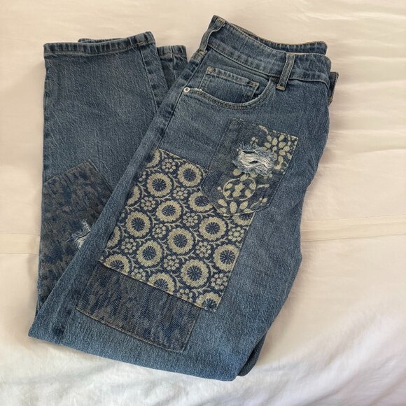 Pilcro and the Letterpress Blue Patchwork Boyfriend Jeans ~ Size 28/6 - Picture 7 of 13